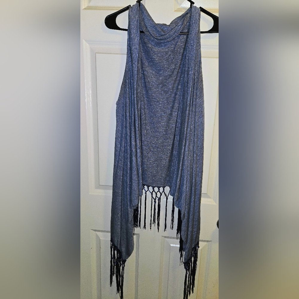 Women's Blue Fringe Draped Sleeveless Top